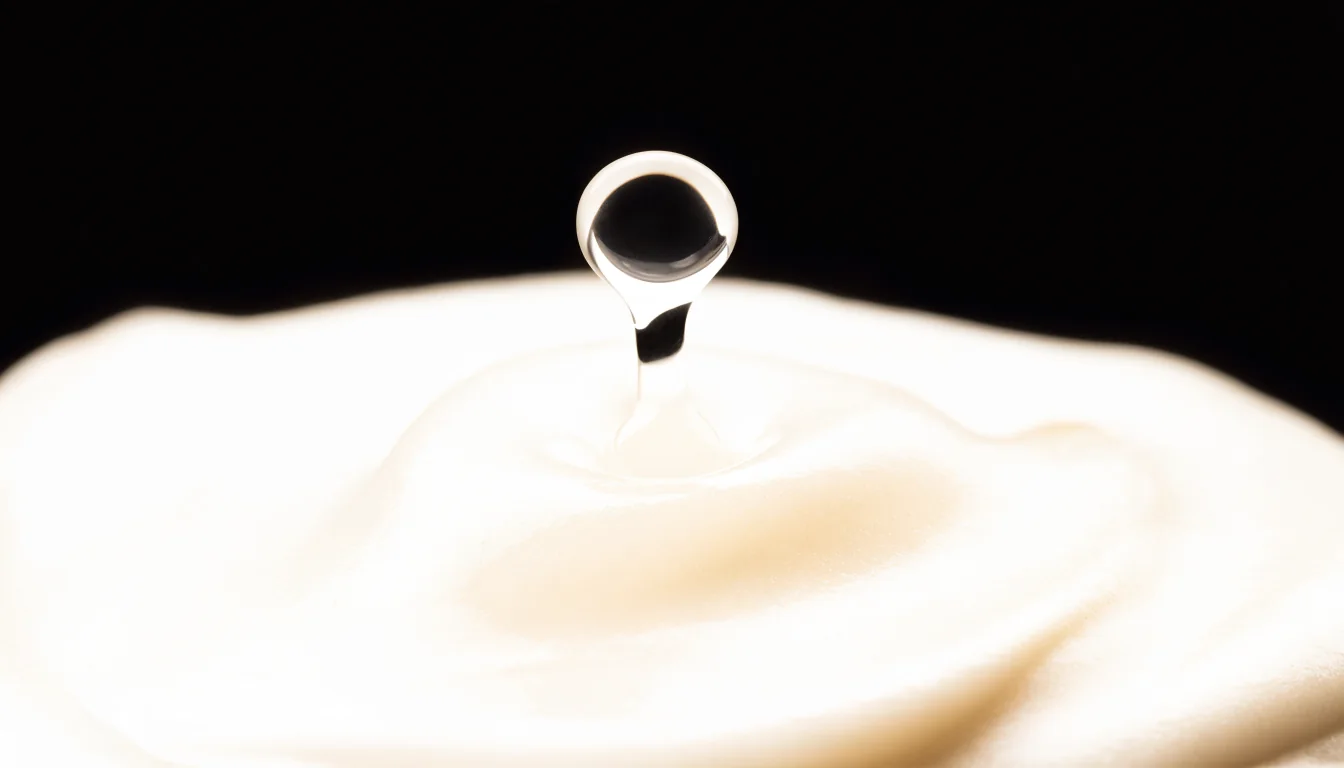 Macro study — a clear serum drop landing on silky ivory cream
